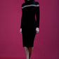 blonde model wearing diva catwalk black pencil dress called trocadero pencil midaxi style with funnel neckline and lace detail and long sleeves front