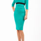 model wearing diva catwalk emerald green pencil-skirt dress  with 3 4 sleeves and pleated pencil skirt and oversized collar front