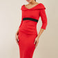 model wearing diva catwalk electric red pencil-skirt dress with 3 4 sleeves and pleated pencil skirt and oversized collar front