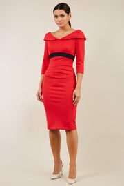 model wearing diva catwalk electric red pencil-skirt dress with 3 4 sleeves and pleated pencil skirt and oversized collar front