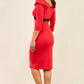 model wearing diva catwalk electric red pencil-skirt dress with 3 4 sleeves and pleated pencil skirt and oversized collar side