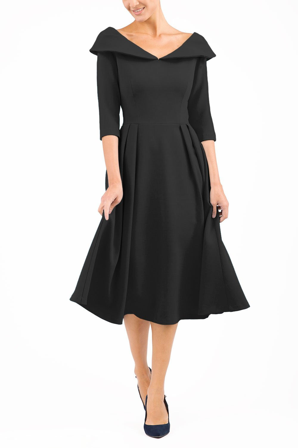 Model wearing Diva Catwalk Chesterton Sleeved dress with oversized collar detail and a-line swing pleated skirt in colour black front