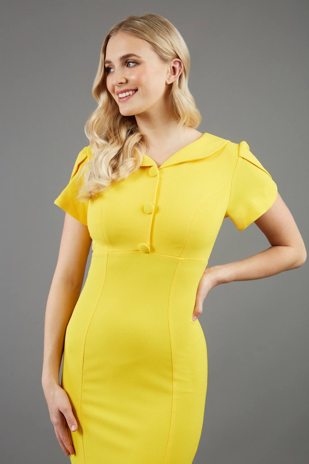 Short puffed sleeve peter pan collar button pencil dress by diva catwalk in yellow