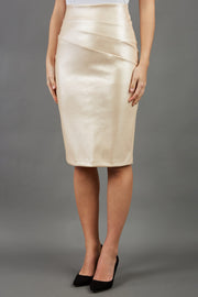 model wearing diva ashford faux leather pencil skirt in ivory front