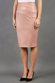 model wearing diva ashford faux leather pencil skirt in pink front