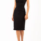 Model wearing the Diva Clara Pencil dress with vertical pleat detailing at bust sleeveless design in black front image