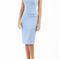Model wearing the Diva Clara Pencil dress with vertical pleat detailing at bust sleeveless design in powder blue front image