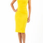 Model wearing the Diva Clara Pencil dress with vertical pleat detailing at bust sleeveless design in freesia yellow front image