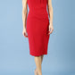 Model wearing Diva Clara Pencil dress with vertical pleat detailing at bust sleeveless design in scarlet red front