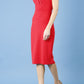 Model wearing Diva Clara Pencil dress with vertical pleat detailing at bust sleeveless design in scarlet red side