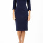 blond model wearing diva catwalk nashville plain pencil skirt dress with sleeves and square neckline and Empire waistline in navy blue colour front