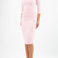 brunette model wearing diva catwalk ubrique pencil dress with a keyhole detail and sleeves in crystal pink front