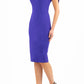 Model wearing the Diva Calista dress, off shoulder design, sleeveless pencil in spectrum indigo front image