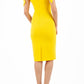 Model wearing the Diva Calista dress, off shoulder design, sleeveless pencil in freesia yellow back image