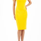 Model wearing the Diva Calista dress, off shoulder design, sleeveless pencil in freesia yellow front image