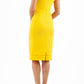 Model wearing the Diva Branwell Pencil dress with tie on shoulders in freesia yellow back image