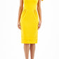 Model wearing the Diva Branwell Pencil dress with tie on shoulders in freesia yellow front image