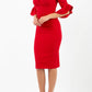 brunette model is wearing diva catwalk hollie pencil dress with frilled flute sleeve and low v-neck cut in red front