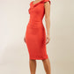 brunette model wearing diva catwalk rosita pencil skirt fitted dress with asymmetric neckline and bow detail at the top and it is a sleeveless design  with empire waistline in orange front
