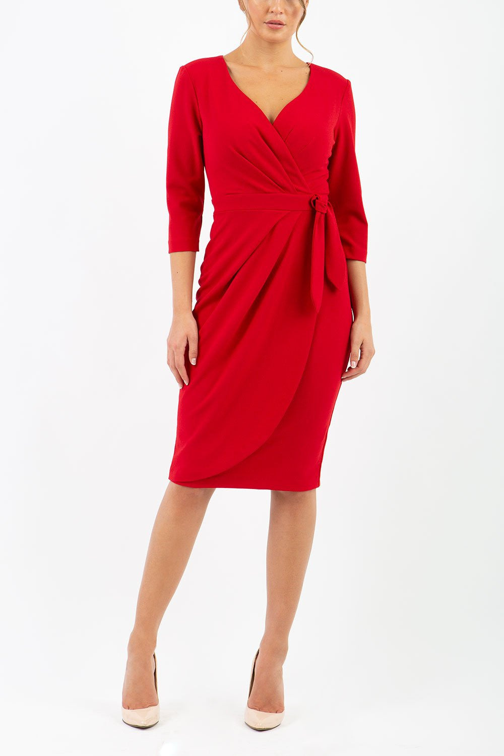 model wearing diva catwalk elan elegant red dress with 3 4 sleeves with a tie detail and asymmetrical closing front
