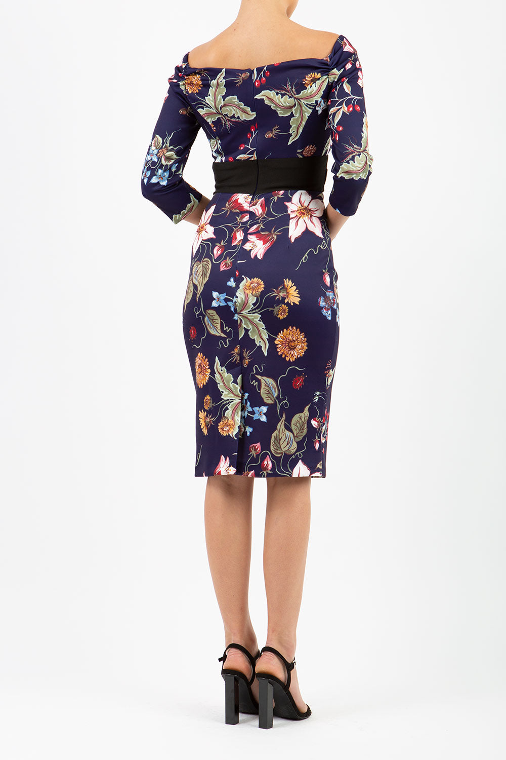 model wears Alpa Print off the shoulder pencil sheath Dress with long sleeves wild flower print back image