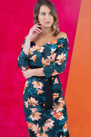 model wears Alpa Print off the shoulder pencil sheath Dress with long sleeves front image close up