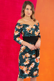 model wears Alpa Print off the shoulder pencil sheath Dress with long sleeves front image studio shot