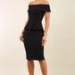 brunette model wearing diva catwalk peplum pencil skirt dress in black colour off shoulder bardot neckline front