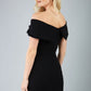 odel wearing diva catwalk vegas calf length black midaxi dress with wide bardot neckline and open shoulders with a large opening at the front of the skirt with pleating coming down long skirt back