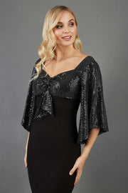 blonde model is wearing diva catwalk premiere pencil vintage sperkly dress with sleeves and empire waist in black front