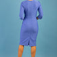 blonde model is wearing diva catwalk logan round neck sleeved pencil dress with side arrow pleating detail in thistle blue back