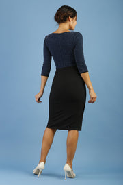 model is wearing diva catwalk contrast pencil dress with sleeve and asymmetric skirt detail in black and teal sparkle back