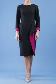 model is wearing diva catwalk bounty contrast pencil dress with rounded neckline and waistband in black and magenta haze colours front
