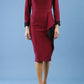 model is wearing diva catwalk bounty contrast pencil dress with rounded neckline and waistband in blissful burgundy and black colours front