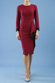 model is wearing diva catwalk bounty contrast pencil dress with rounded neckline and waistband in blissful burgundy and black colours front