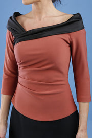 Diva Pleated Felicity 3/4 Sleeved Top With Duchess Satin Neckline Detail In Brown Front