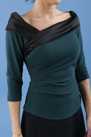 Diva Pleated Felicity 3/4 Sleeved Top With Duchess Satin Neckline Detail In Green