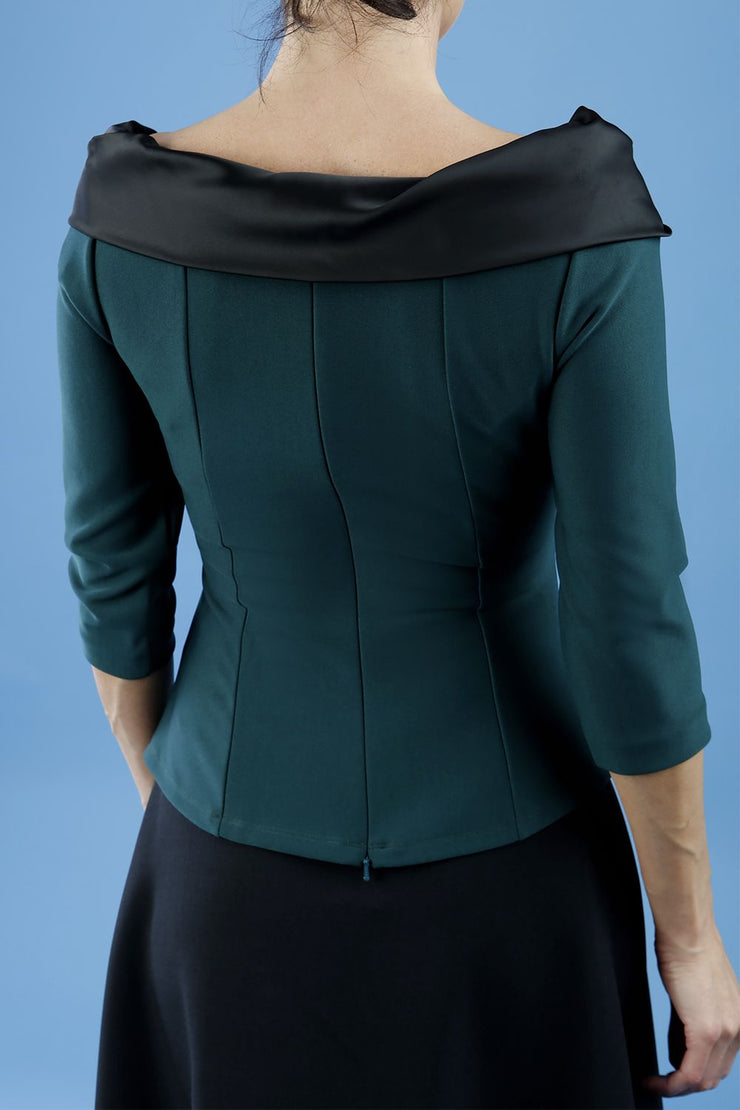 Diva Pleated Felicity 3/4 Sleeved Top With Duchess Satin Neckline Detail In Green Back