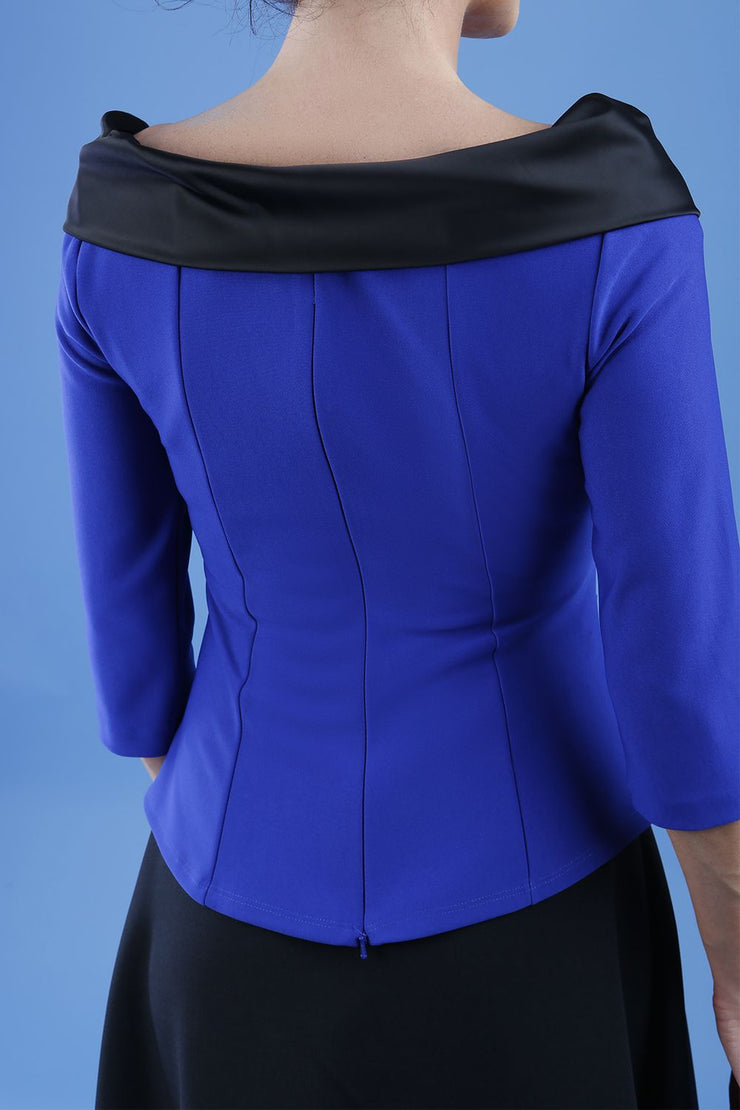 Diva Pleated Felicity 3/4 Sleeved Top With Duchess Satin Neckline Detail In Cobalt Back
