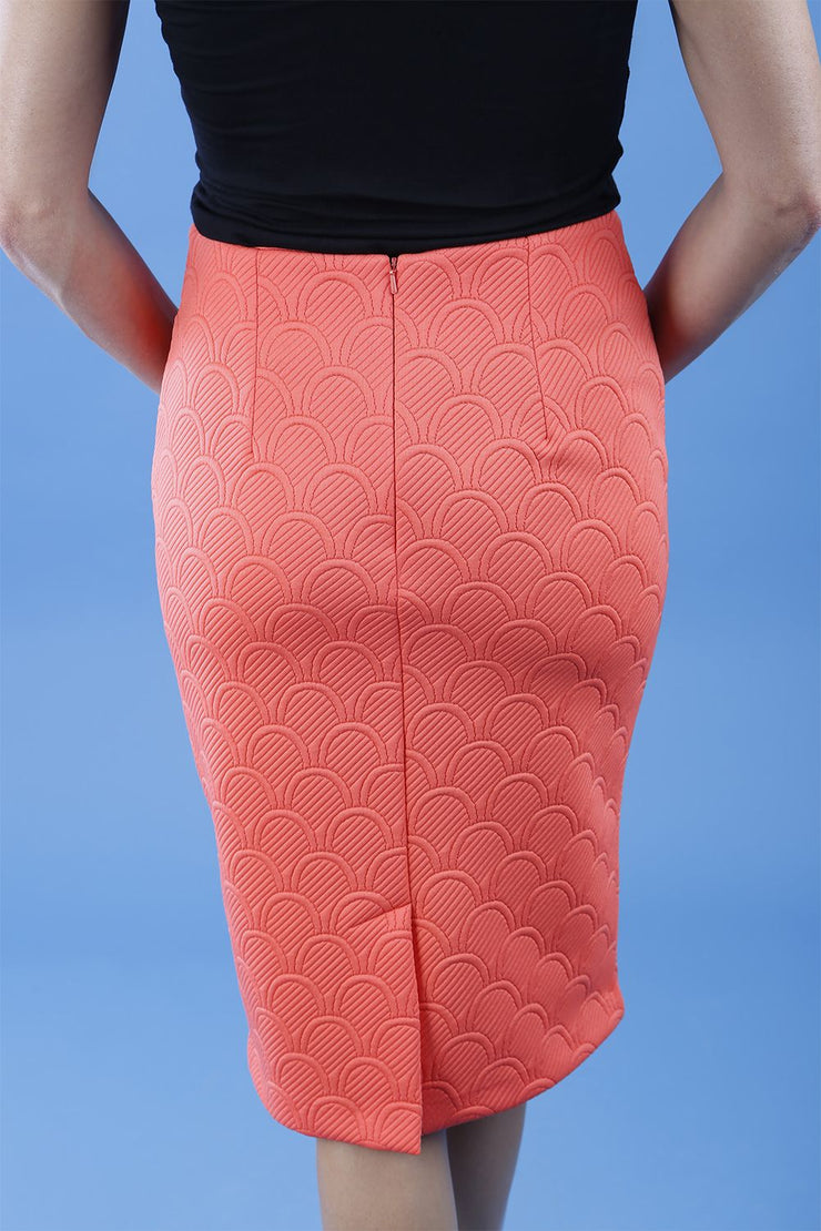 Diva Gina Pencil Skirt with Embodied design in Hot Coral Back