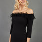 Brunette Model wearing Diva Catwalk Lyrical Pencil Knee length three quarter sleeve off-shoulder Bardot neckline Dress with lace detail around the bottom of the skirt in Black front