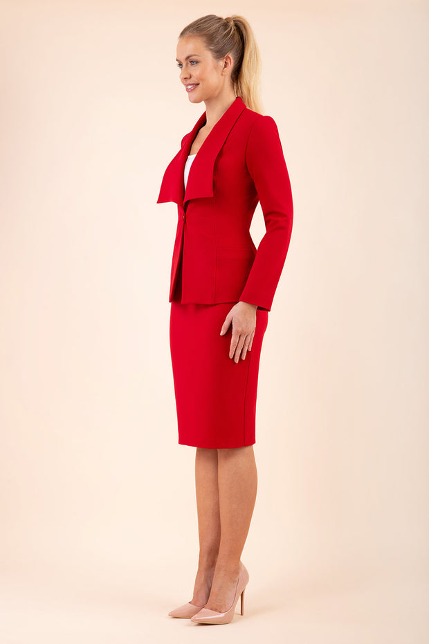 Blonde model wearing Diva Catwalk Fulica Long Sleeve One Button Oversized Collar Jacket in Red front