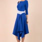 Blonde Model wearing Diva Catwalk Pinto Contrast Swing Dress with asymmetric skirt and asymmetric neckline with three quarter sleeve in Cobalt Blue front
