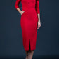 brunette model wearing Diva Catwalk Zorita off-shoulder Sleeved Midi Length Pencil Dress with buttons on front bodice and pockets on side in Red front