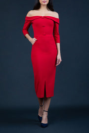 brunette model wearing Diva Catwalk Zorita off-shoulder Sleeved Midi Length Pencil Dress with buttons on front bodice and pockets on side in Red front
