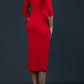 brunette model wearing Diva Catwalk Zorita off-shoulder Sleeved Midi Length Pencil Dress with buttons on front bodice and pockets on side in Red back