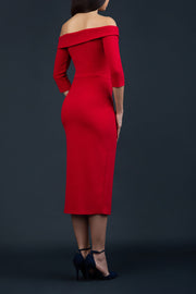 brunette model wearing Diva Catwalk Zorita off-shoulder Sleeved Midi Length Pencil Dress with buttons on front bodice and pockets on side in Red back