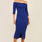 brunette model wearing diva catwalk zorita maxi pencil three quarter fitted dress off-shoulder with bardot neckline and buttons to front with pockets and vent on a skirt in oxford blue front