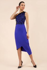 Model wearing the Diva Winslow dress in asymmetric design, one shoulder in spectrum indigo colour front image