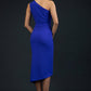 Model wearing the Diva Winslow dress in asymmetric design, one shoulder in spectrum indigo colour back image